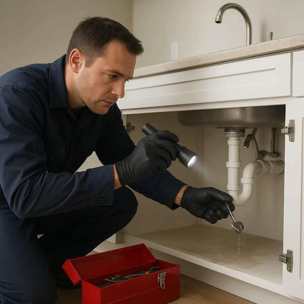 Installateur prüft ein Leck unter einer Küchenspüle