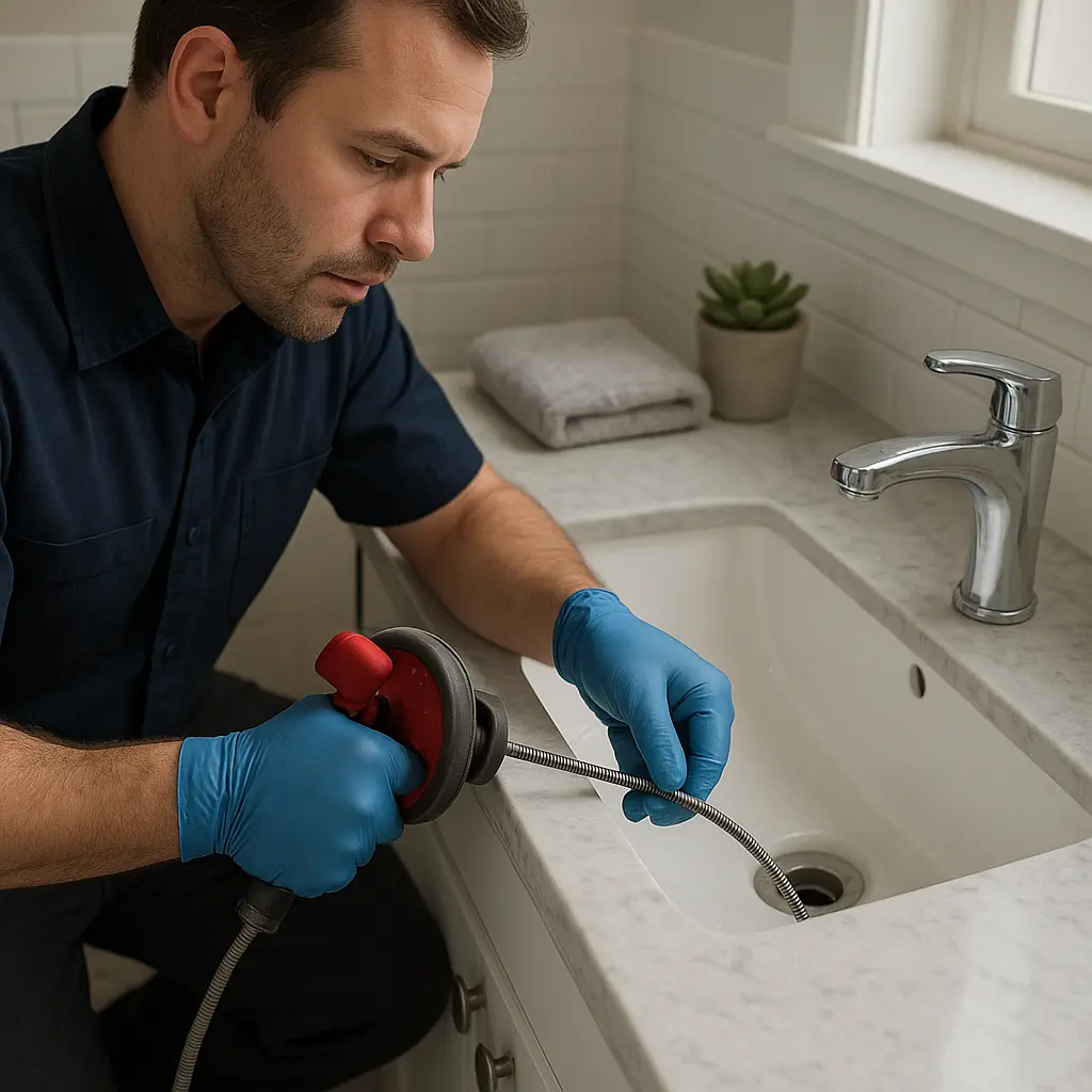 Installateur behebt Verstopfung am Waschbecken